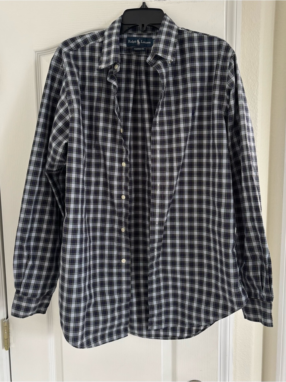Ralph Lauren Men’s Navy and White Plaid Button-Down Shirt. Size L